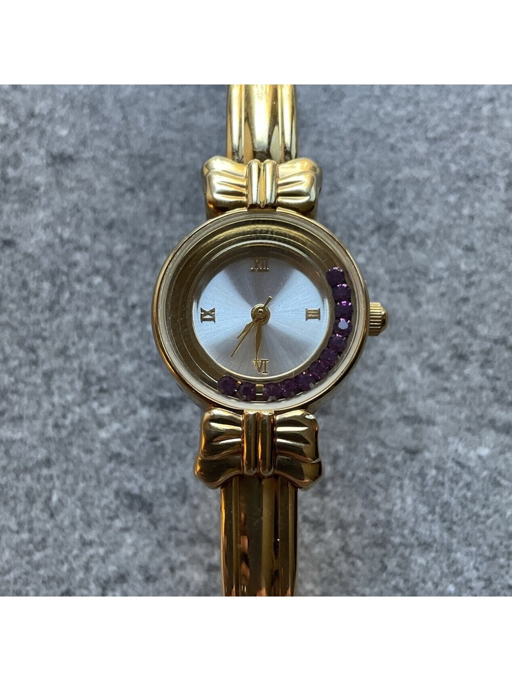 Avon Womens Watch 22mm Gold Tone Case Pink Crystal Bezel Bow Bangle A19